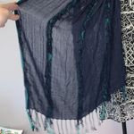 Sheer Navy Blue with green stripes boho fringe scarf Photo 3