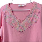 Quacker Factory  Pink Floral Embroidered Rhinestone 3/4 Sleeve Knit Top MEDIUM Photo 2
