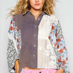 POL  Floral Patchwork Lace Button-Up Shirt - Oversized - Flower Buttons Size L Photo 0