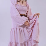 Urban Outfitters Pale Pink Gabriella Smocked Tiered Midi Dress Long Sleeves SM Photo 0