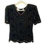 Vintage Denise Elle Beaded Silk Top Black Gold V Neck Crewneck Blouse Sz PS Photo 0