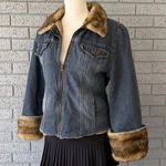 Vintage Y2K Women’s Giacca denim jacket w/ fur trim Size Large Bratz Winter Jean Blue Photo 0