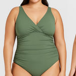 Kona Sol  Olive Green Ruched Front‎ @ Sides V neck Low Back Onepiece Swimsuit 16W Photo 0