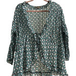 Notations Peasant Babydoll Blouse Y2K Tie Front Geometric Pattern Size 1X Photo 0