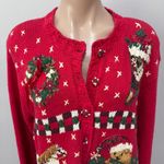 Tiara International Christmas Sweater Cardigan Vintage Red Wreath Stocking Size M Photo 2