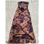 Fore Boutique Satin Purple Gold Floral Maxi Dress Strapless Open Cowl Back Photo 2