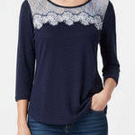Soho Jeans Navy Blue Lace Trim 3/4 Sleeve Top XS Photo 0