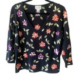 Oscar de la Renta  Black Silk Blend Embroidered Blouse Sweater Floral Size Medium Photo 0
