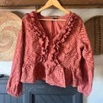 EXPRESS Boho  Ruffle Eyelet Peplum Top rust/orange/pink large Photo 0