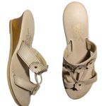 Vtg 1970s Island Slipper Ivory Faux Leather Flower Wooden Wedge Slide Sandals 6 Tan Photo 0