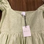 Mable Emory Smocked Ruffle Babydoll cotton mini dress NWT light green olive S Photo 5