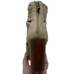 Fergie Womens 7.5 Peep Toe Boot Heels Tan Cream Weave Boots Sandals Sandal Photo 14