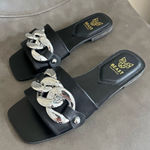 Beast Fashion  Black Minimalist Slide Sandals Silver Chain Buckle 6.5 Y2K Photo 0