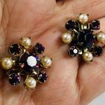 Women Clip On Earrings Purple Color Glass Faux Pearls Rivet Construction Vintage Photo 12