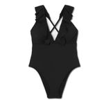 Shade & Shore Plunge Flounce Neckline One Piece Swimsuit Women's Small Black NWT Photo 8