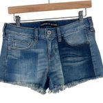 EXPRESS  Denim Shorts Womens 0 Medium Wash Two Tone Frayed Hem Retro Cowgirl Photo 0