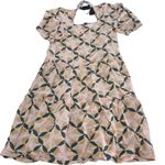 The Odells Dress Womens X Small Pink White Geo Print Lyla Motif Midi Puff Sleeve Size XS Photo 2