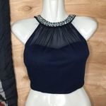 Speechless Embellished Navy Sweetheart Cutout Mesh Crop Top Photo 0