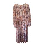 Arula Floral Maxi‎ Dress Long Sleeve Ruffle Tie Front Bohemian Tiered SZ 10 12 Tan Photo 1