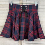 Romwe Red/Navy Plaid Mini Skirt with Lace Up Front-Small Photo 0