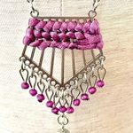 Long silver tone and pink bead tassel pendant necklace Photo 2