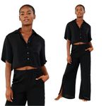Revolve NWT PLUSH Faux Silk Crop Top & Wide Leg with Slit Black PJ Set Sz S Photo 1