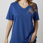 Quacker Factory  Blue American Flag Rhinestone Short Sleeve Top Size 1X Photo 0