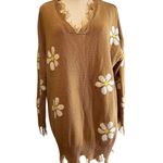 Just Polly New York Brown w/ Daisy Sweater SZ L Distressed V Photo 0