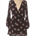 American Eagle  AEO AE Wrap Romper Black Pink Floral Rose Long Sleeve Bell Sleeve Photo 2