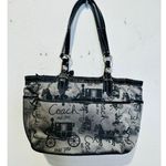  Grey Black Stage Coach Horse Printed Fabric Y2K Leather Tote Handbag Photo 7