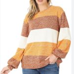 Zenana Outfitters  Striped Sweater in Orange, Brown, and Cream Photo 0