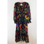 Farm Rio Georgette Tropical Puff Sleeve V-Neck Ruffle Maxi Dress Black Medium Photo 3
