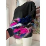 Flamant Rose Black Sweatshirt Faux Fur Multicolor Cuff Sleeve Crewneck Large Photo 1