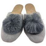 Womens Gray Velvet Quilted Slippers With Faux Fur Pom Photo 0