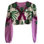Caroline Constas Tropical Floral Crop Top w/Center Knot Linen‎ XS Purple Blend Photo 5