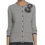 Kate Spade  Women’s Sz M Black White Stripe  Rosette Floral Button Front Cardigan Photo 2