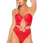 BodyRage Red Lace Bodysuit Lingerie Rhinestone Straps Valentine's Day NEW 1X Red Photo 0