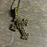 Cookie Lee Antiqued Brass and Green Gemstone Cross Necklace Photo 3