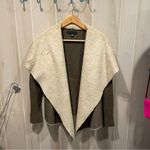 Saks 5th Avenue Saks Fifth Avenue wool blend olive open front cardigan faux shearling trim luxe Photo 6