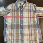 LL Bean Plaid Button Down Shirt Womens M Blue Green Roll Tab Sleeve Casual Top Size M Photo 6
