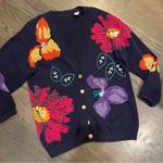 Vintage 80s Embroidered Floral Navy VNeck Knit Cardigan Sweater Medium Blue Photo 2