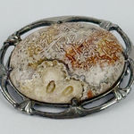 Vintage Natural Stone Agate Oval Brooch Silver Tone Openwork Setting Photo 0
