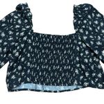 H&M Cropped Linen Smocked Top XL Black Floral Puff Sleeve Fairygoth Cottage Romantic Photo 5