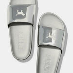 PINK - Victoria's Secret PINK‎ Victoria Secret Silver Single Padded Strap Slides With White Logo Dog Photo 0