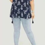 NWT!Navy Floral tassels Tie neck contrast lace blouse Size 12 or Large Blue Photo 3