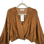 Copper Blue Caramel Satin Balloon Sleeve Boho Lace Inset Draped Blouse Small Brown Photo 10
