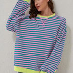 Women's Striped Knit Top Pink Green Long Sleeve Pullover Casual Top Medium Photo 0