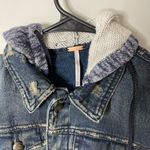 Free People Distressed Denim Jacket Knitted Sleeves Hood XS Excellent Condition Photo 8