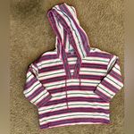 Vintage Baja Hoodie Mexican Drug Rug Striped Poncho Pink White Blue Size S Photo 3