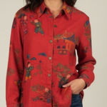 CHICO'S Red Faux Suede Chinese Scene Long Sleeve Blouse Jacket Sz 1 or Small Photo 0